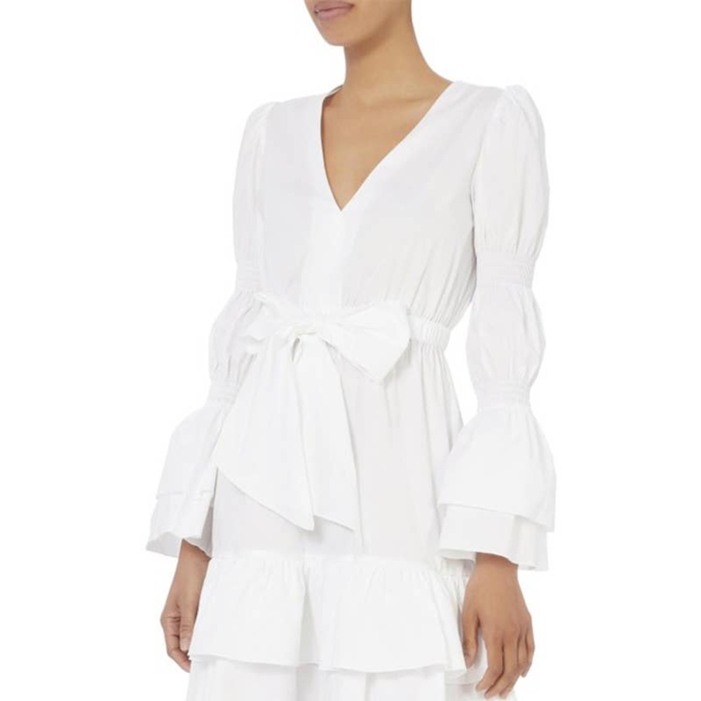 Intermix White Bennet Smocked Sleeve Short Tiered Ruffle Dress Tie Front Sz Sm - Picture 2 of 12